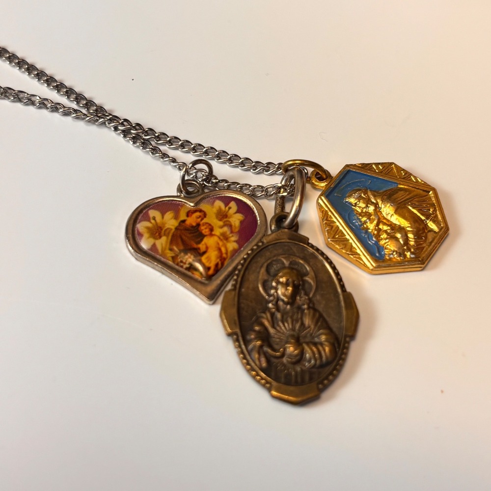 Vintage Religious Charm Necklace Silver Gold Tone Catholic Medals Boho Statement